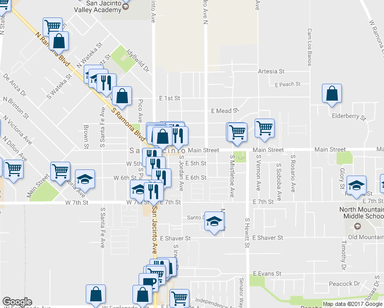 map of restaurants, bars, coffee shops, grocery stores, and more near 340 East Main Street in San Jacinto