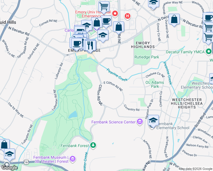 map of restaurants, bars, coffee shops, grocery stores, and more near 1790 East Clifton Road Northeast in Atlanta