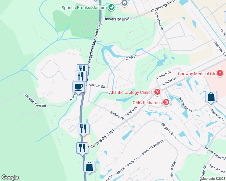 map of restaurants, bars, coffee shops, grocery stores, and more near 122 Wofford Road in Conway