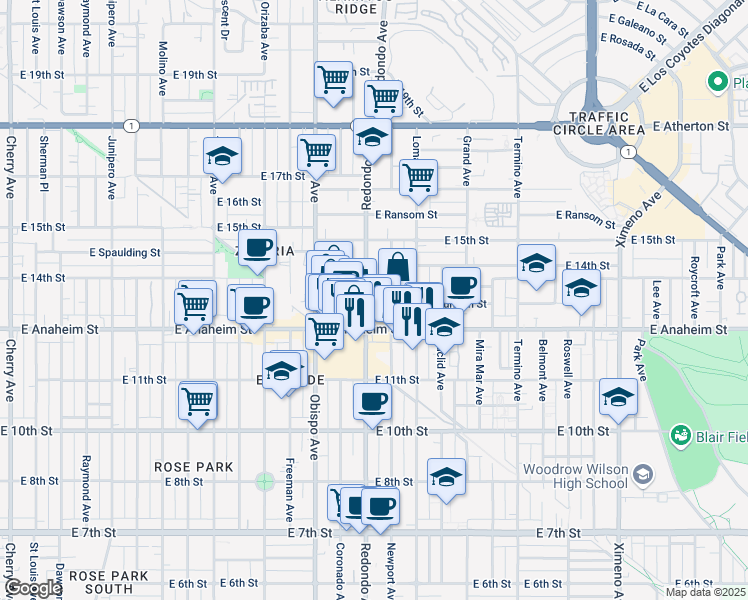 map of restaurants, bars, coffee shops, grocery stores, and more near in Long Beach