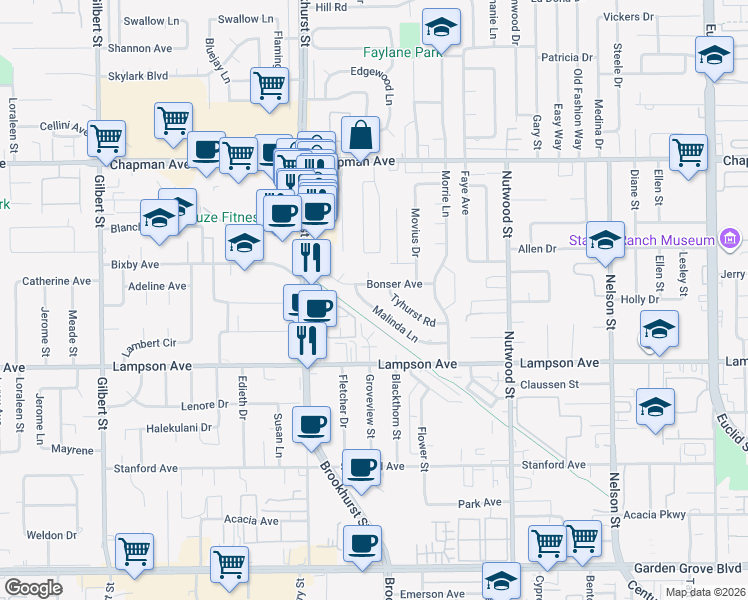 map of restaurants, bars, coffee shops, grocery stores, and more near 10151 Malinda Lane in Garden Grove