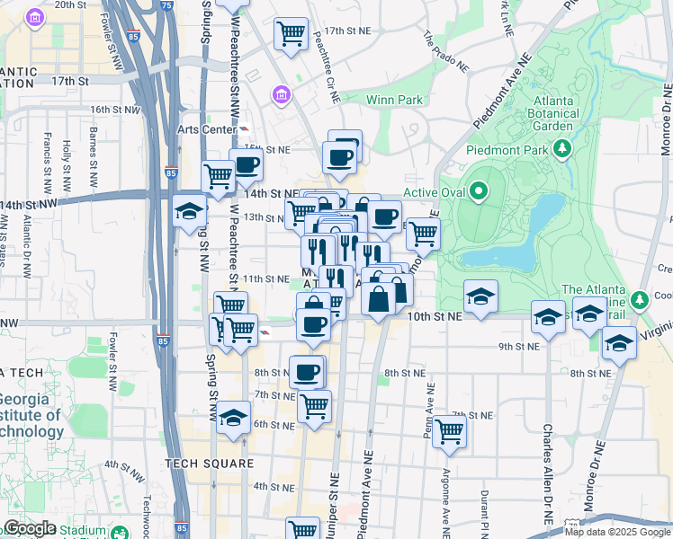 map of restaurants, bars, coffee shops, grocery stores, and more near in Atlanta