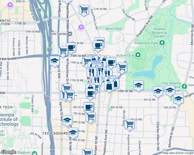map of restaurants, bars, coffee shops, grocery stores, and more near 1065 Peachtree Street Northeast in Atlanta