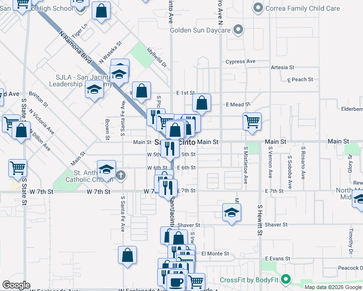map of restaurants, bars, coffee shops, grocery stores, and more near 122 East Main Street in San Jacinto