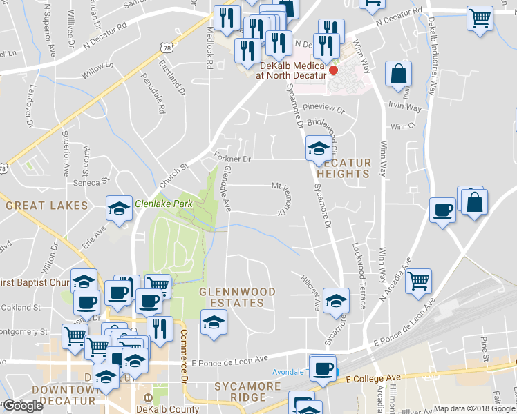 map of restaurants, bars, coffee shops, grocery stores, and more near 132 Mount Vernon Drive in Decatur