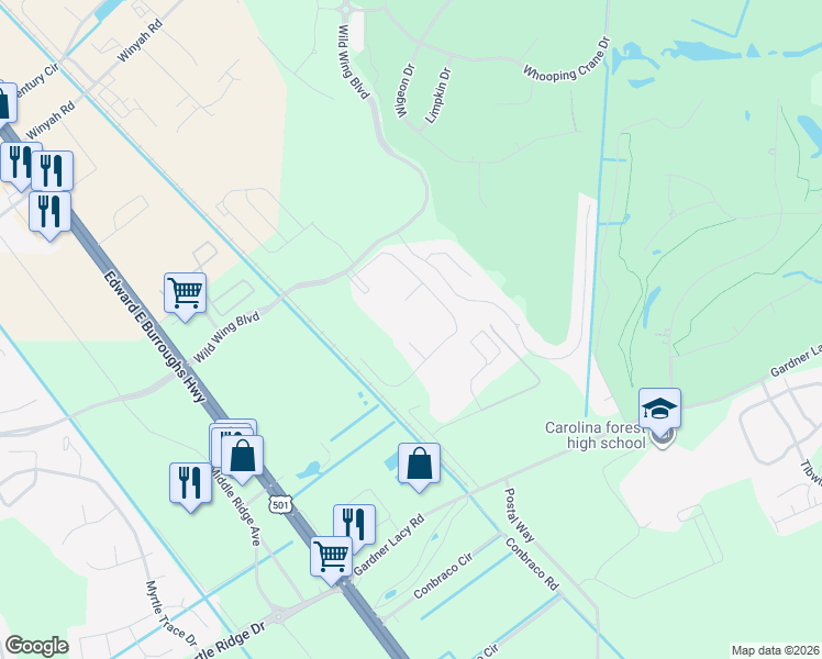map of restaurants, bars, coffee shops, grocery stores, and more near 336 Wild Wing Boulevard in Conway