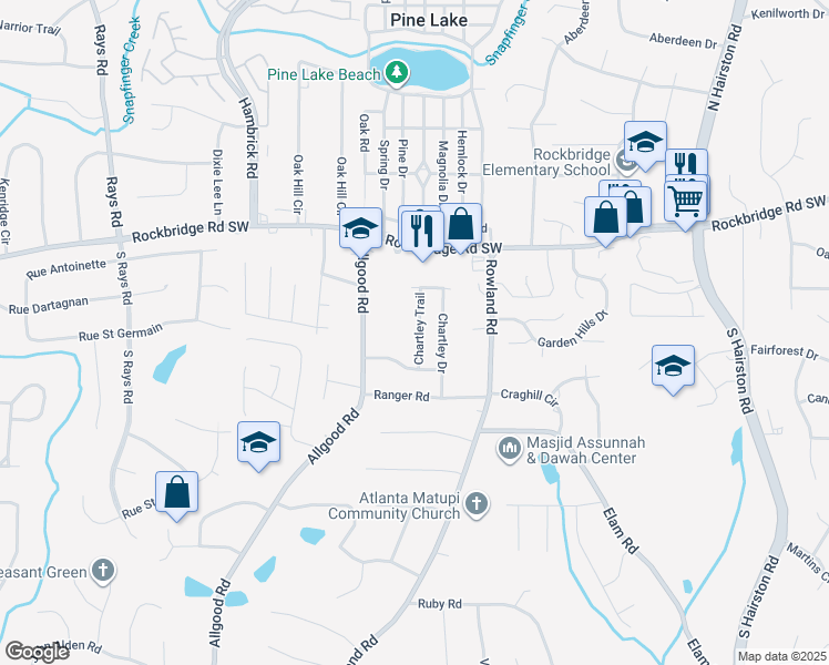 map of restaurants, bars, coffee shops, grocery stores, and more near 4430 Chartley Lane in Stone Mountain