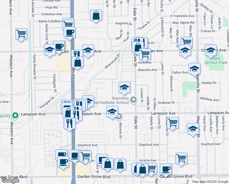 map of restaurants, bars, coffee shops, grocery stores, and more near 12360 Arrowhead Street in Stanton