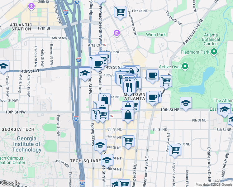 map of restaurants, bars, coffee shops, grocery stores, and more near 1000 Peachtree Road Northeast in Atlanta