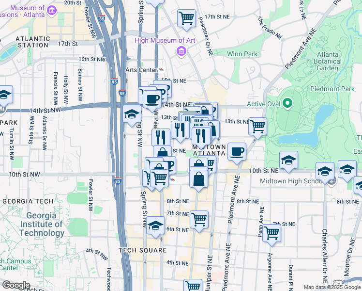 map of restaurants, bars, coffee shops, grocery stores, and more near 60 11th Street Northeast in Atlanta
