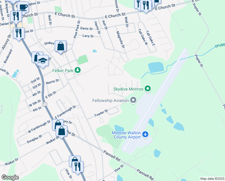 map of restaurants, bars, coffee shops, grocery stores, and more near 627 Mill Stone Bluff in Monroe