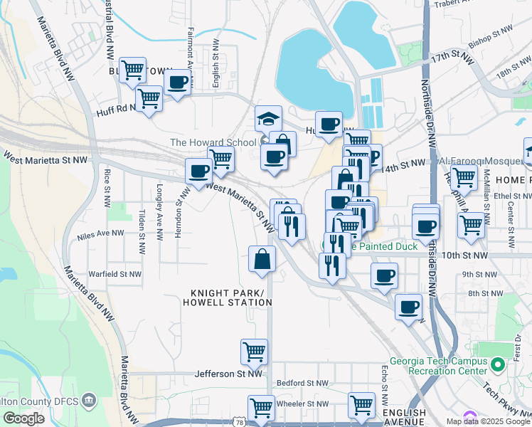 map of restaurants, bars, coffee shops, grocery stores, and more near 887 West Marietta Street Northwest in Atlanta