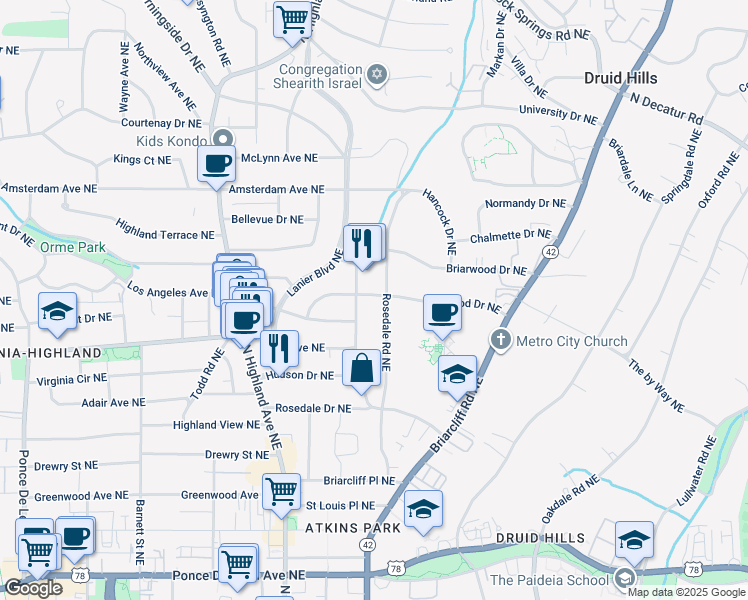 map of restaurants, bars, coffee shops, grocery stores, and more near 1039 Rosedale Road Northeast in Atlanta