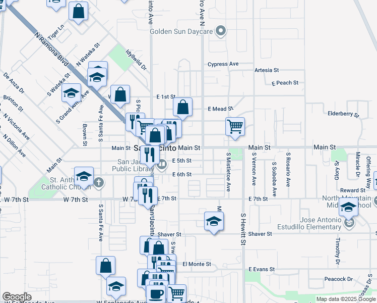 map of restaurants, bars, coffee shops, grocery stores, and more near 340 East Main Street in San Jacinto