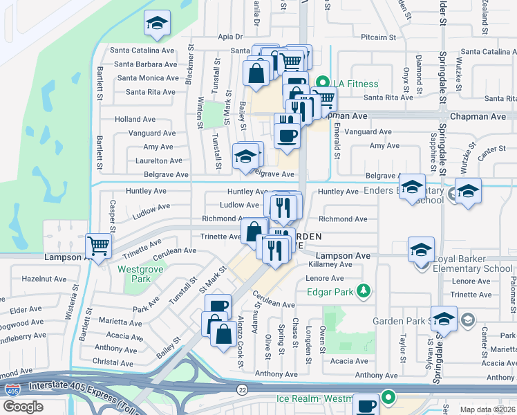 map of restaurants, bars, coffee shops, grocery stores, and more near 5832 Ludlow Avenue in Garden Grove