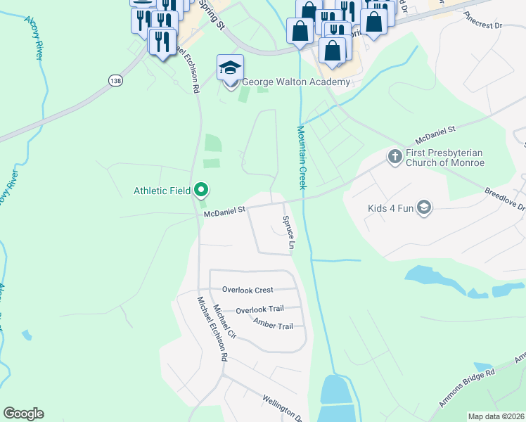 map of restaurants, bars, coffee shops, grocery stores, and more near 110 Sycamore Court in Monroe
