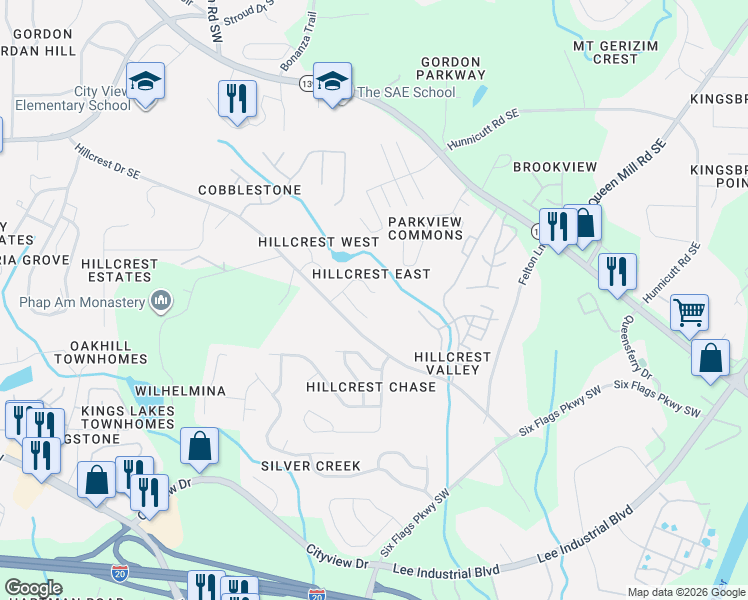 map of restaurants, bars, coffee shops, grocery stores, and more near 120 Kerwood Court Southeast in Mableton