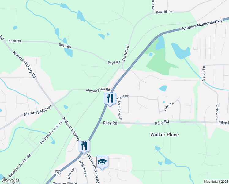 map of restaurants, bars, coffee shops, grocery stores, and more near 11423 Veterans Memorial Highway in Douglasville