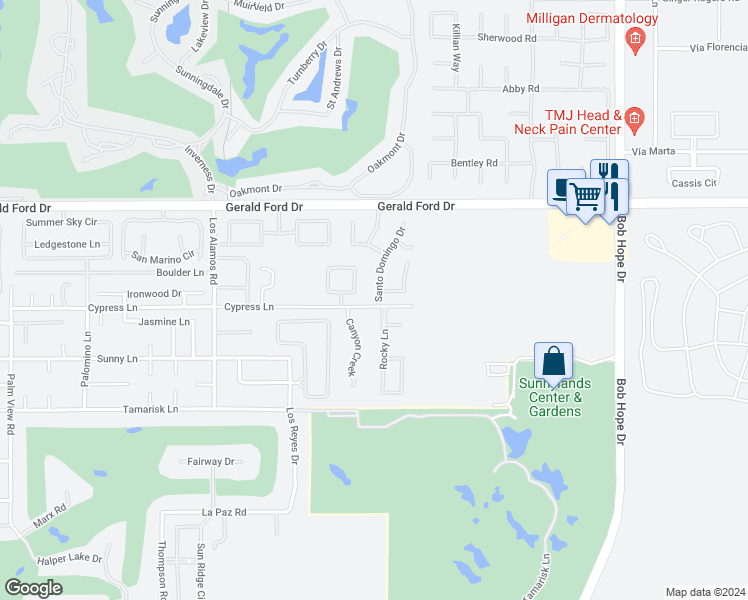 map of restaurants, bars, coffee shops, grocery stores, and more near 1 Santo Domingo Drive in Rancho Mirage