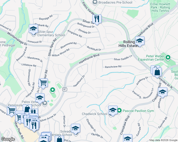 map of restaurants, bars, coffee shops, grocery stores, and more near 26540 Hawkhurst Drive in Rancho Palos Verdes
