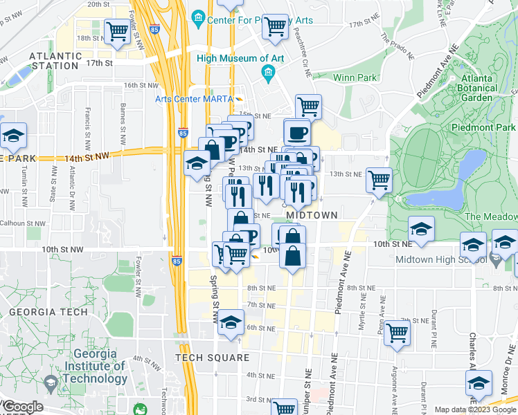 map of restaurants, bars, coffee shops, grocery stores, and more near 1000 Peachtree Road Northeast in Atlanta