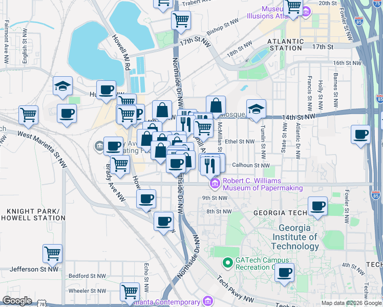 map of restaurants, bars, coffee shops, grocery stores, and more near 1035 Hampton Street Northwest in Atlanta