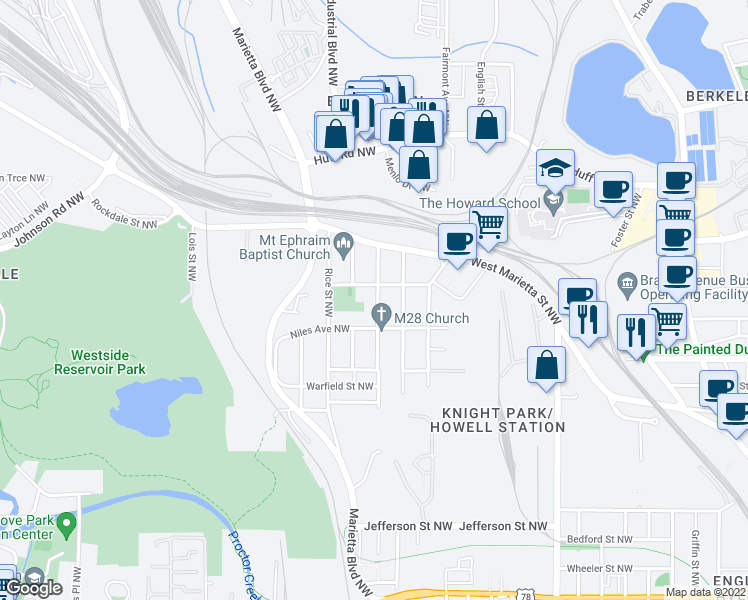 map of restaurants, bars, coffee shops, grocery stores, and more near 1050 Tilden Street Northwest in Atlanta