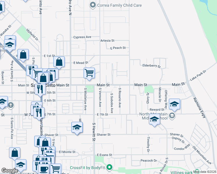 map of restaurants, bars, coffee shops, grocery stores, and more near 648 East Main Street in San Jacinto