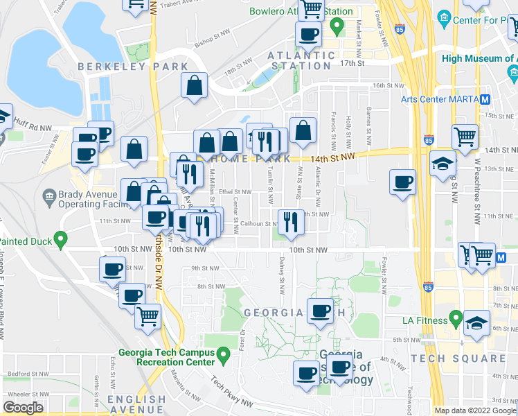 map of restaurants, bars, coffee shops, grocery stores, and more near Hirsch St NW & Richards St NW in Atlanta