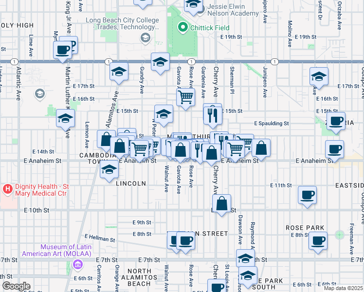 map of restaurants, bars, coffee shops, grocery stores, and more near 1370 Gaviota Avenue in Long Beach