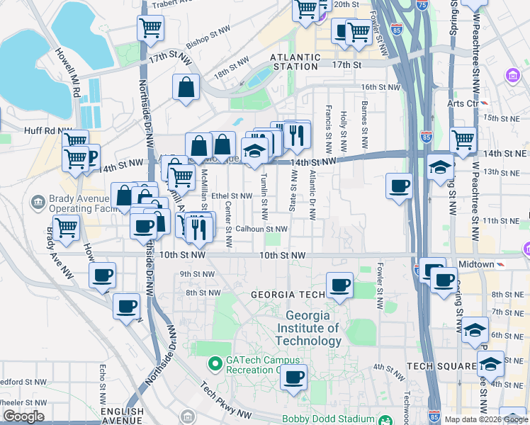 map of restaurants, bars, coffee shops, grocery stores, and more near Tumlin Street Northwest in Atlanta