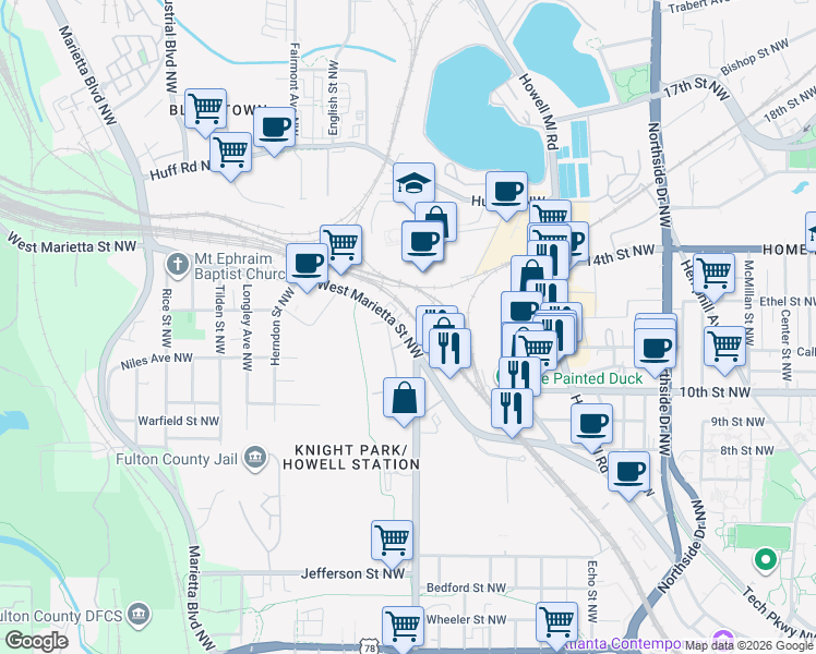 map of restaurants, bars, coffee shops, grocery stores, and more near 949 West Marietta Street Northwest in Atlanta
