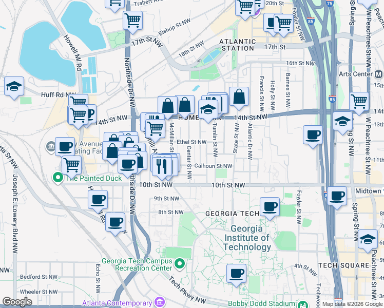 map of restaurants, bars, coffee shops, grocery stores, and more near 1061 Center Street Northwest in Atlanta