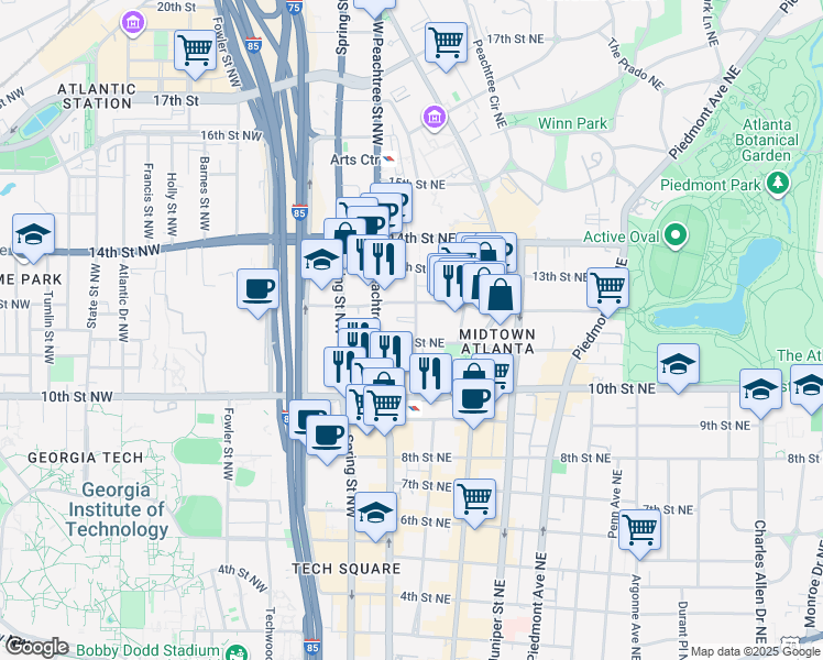 map of restaurants, bars, coffee shops, grocery stores, and more near in Atlanta