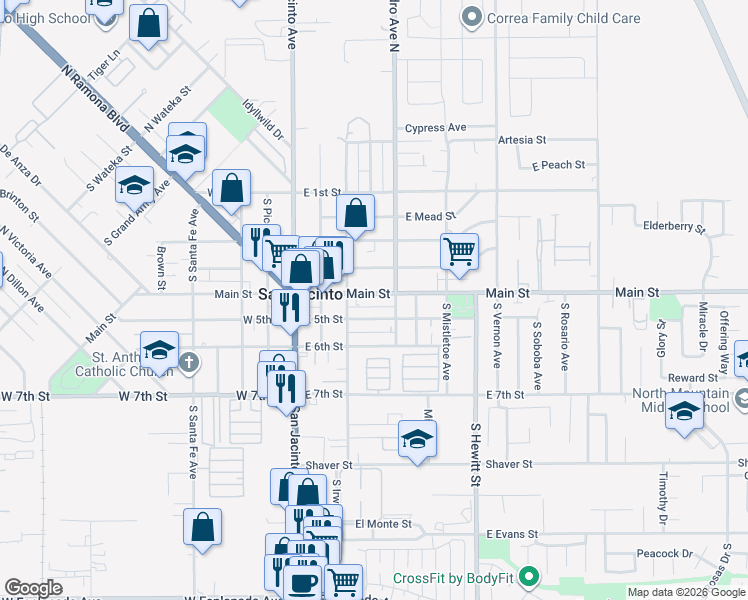 map of restaurants, bars, coffee shops, grocery stores, and more near 354 East Main Street in San Jacinto