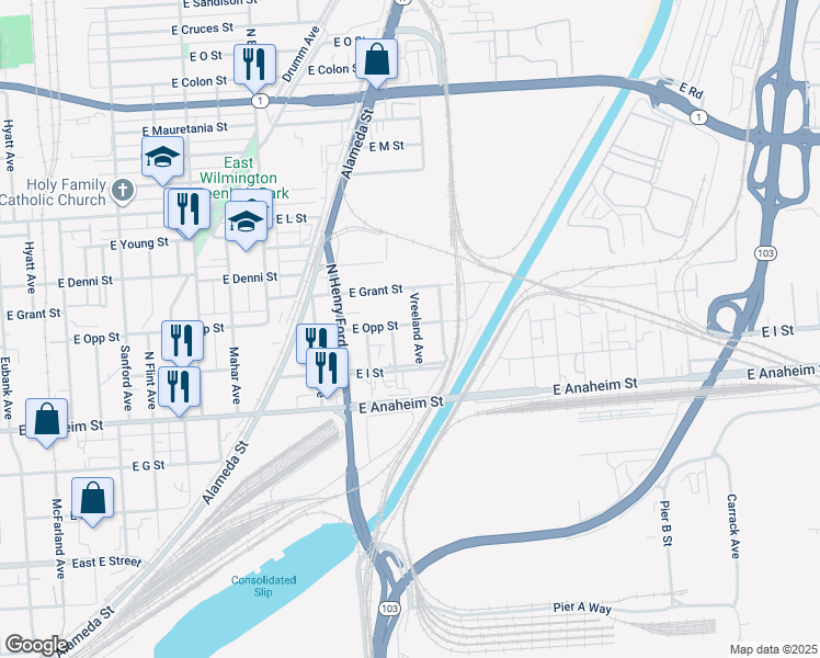 map of restaurants, bars, coffee shops, grocery stores, and more near 939 Vreeland Avenue in Los Angeles