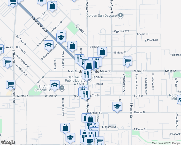 map of restaurants, bars, coffee shops, grocery stores, and more near 142 East Main Street in San Jacinto
