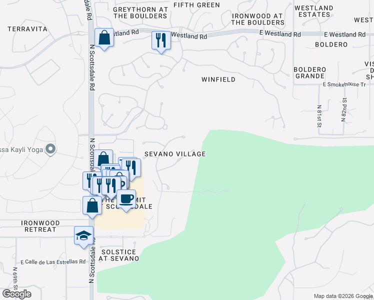 map of restaurants, bars, coffee shops, grocery stores, and more near 7575 East Camino Salida Del Sol in Scottsdale