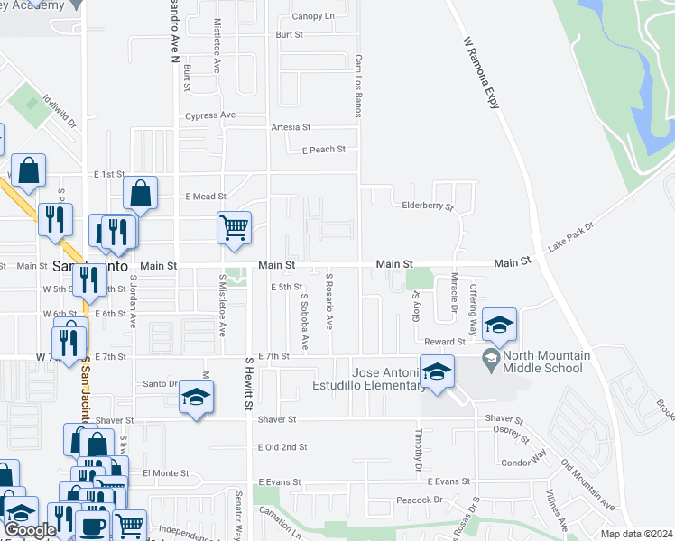 map of restaurants, bars, coffee shops, grocery stores, and more near 476 South Rosario Avenue in San Jacinto