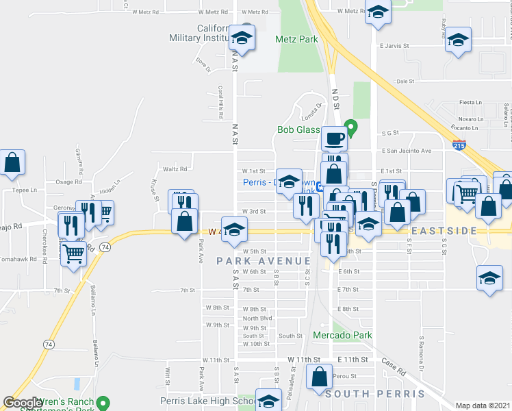 map of restaurants, bars, coffee shops, grocery stores, and more near 363 West 3rd Street in Perris