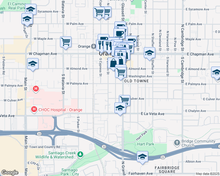 map of restaurants, bars, coffee shops, grocery stores, and more near 367 South Lemon Street in Orange