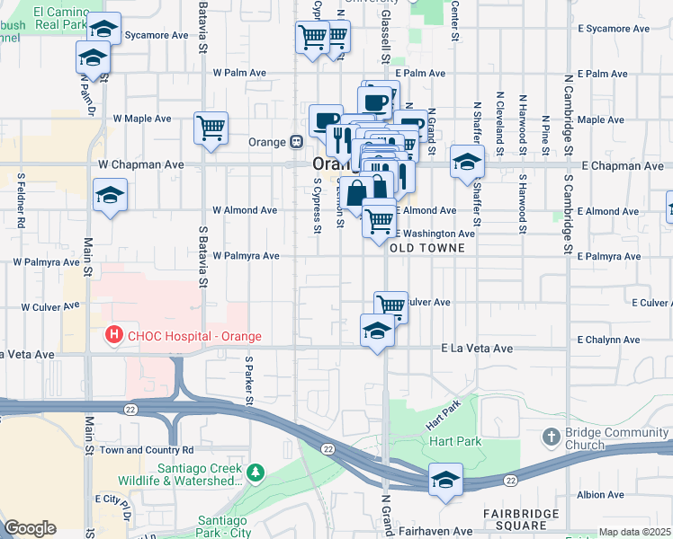 map of restaurants, bars, coffee shops, grocery stores, and more near 367 South Lemon Street in Orange