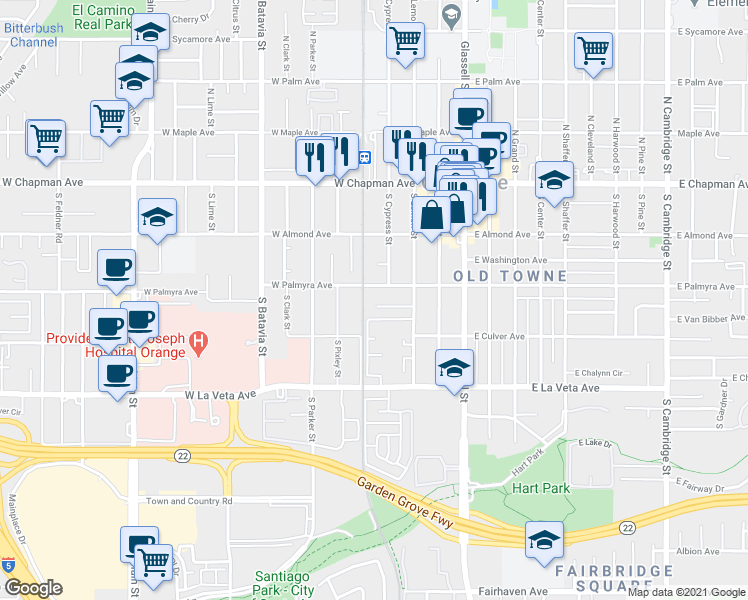 map of restaurants, bars, coffee shops, grocery stores, and more near 402 West Kelly Avenue in Orange