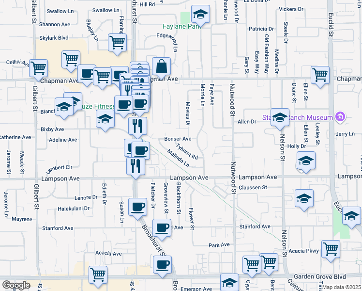 map of restaurants, bars, coffee shops, grocery stores, and more near 10242 Tyhurst Road in Garden Grove