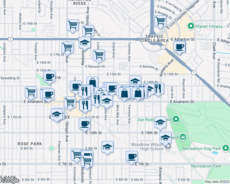 map of restaurants, bars, coffee shops, grocery stores, and more near 3825 East Anaheim Street in Long Beach