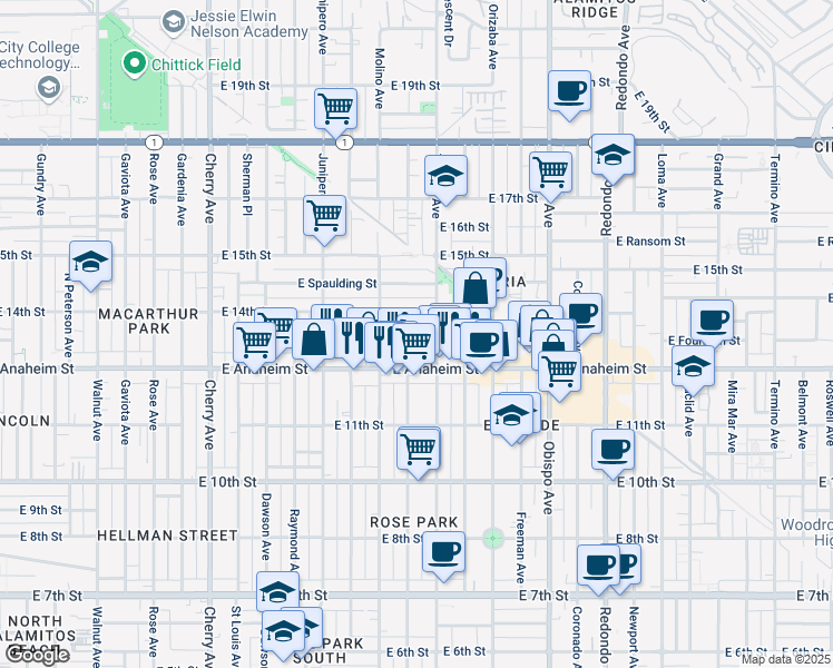 map of restaurants, bars, coffee shops, grocery stores, and more near 2701 East Anaheim Street in Long Beach