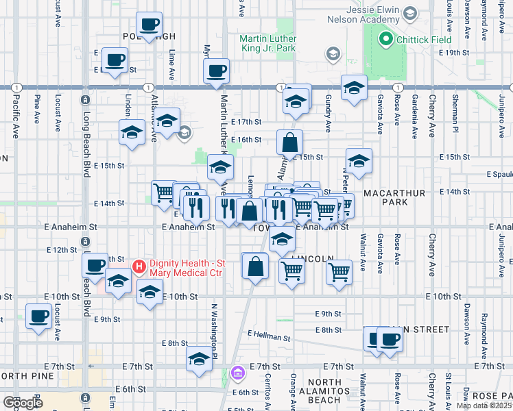 map of restaurants, bars, coffee shops, grocery stores, and more near 1101 East Anaheim Street in Long Beach