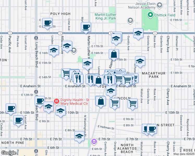 map of restaurants, bars, coffee shops, grocery stores, and more near 1101 East Anaheim Street in Long Beach