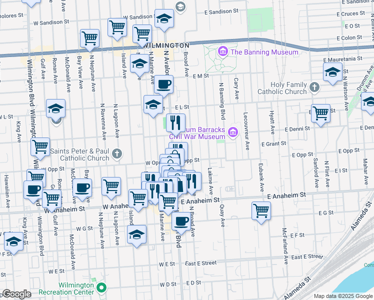 map of restaurants, bars, coffee shops, grocery stores, and more near 130 East Opp Street in Los Angeles