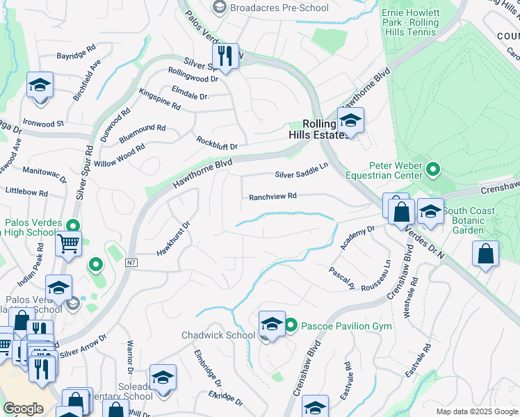map of restaurants, bars, coffee shops, grocery stores, and more near 5 Santa Bella Road in Rolling Hills Estates